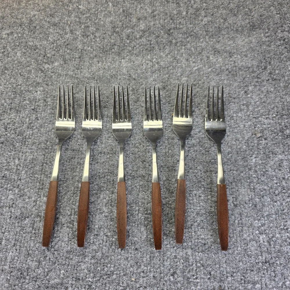 6 VINTAGE EKCO ETERNA CANOE MUFFIN DINNER FORKS, JAPAN STAINLESS STEEL FLATWARE